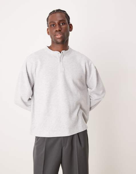 ASOS DESIGN oversized boxy waffle long sleeve t-shirt with henley neck in grey marl