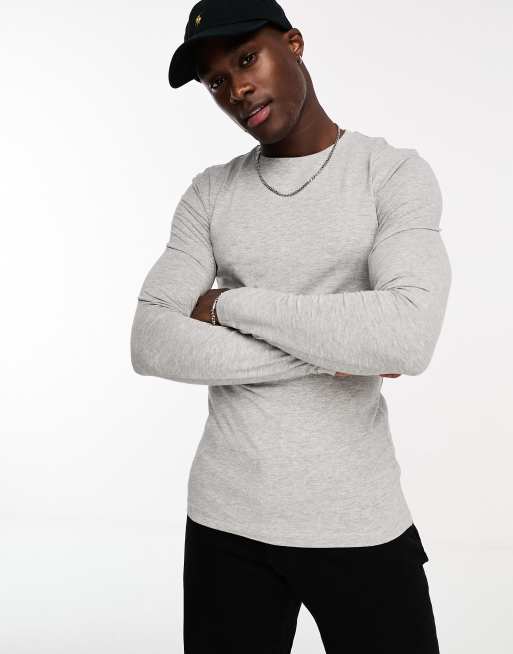 ASOS DESIGN – Szary melanżowy T-shirt z długim rękawem o kroju podkreślającym sylwetkę