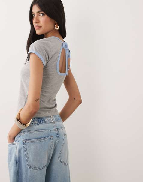 ASOS DESIGN – Szary melanżowy T-shirt z otwartą łezką na plecach i jasnoniebieskimi lamówkami - view 1