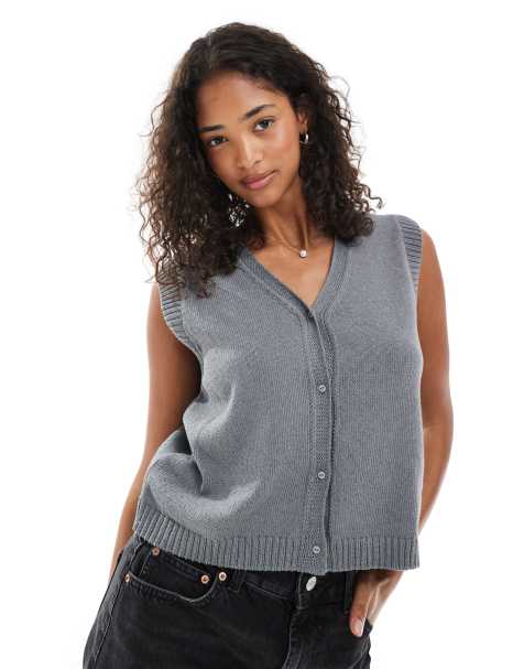 ASOS DESIGN knitted button down vest in grey marl