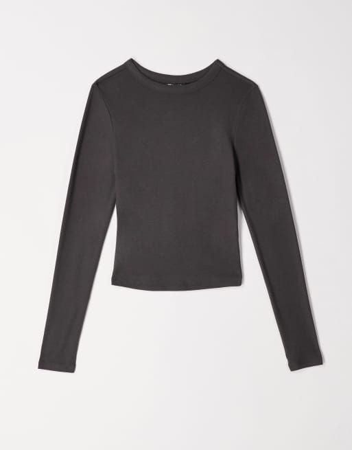 ASOS DESIGN – Szary, miękki T-shirt o krótkim fasonie, z długimi rękawami