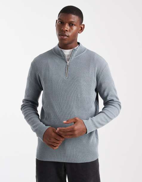 ASOS DESIGN knitted half zip ribbed jumper in grey