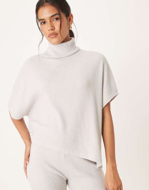 ASOS DESIGN co-ord high neck drape brushed rib top in grey