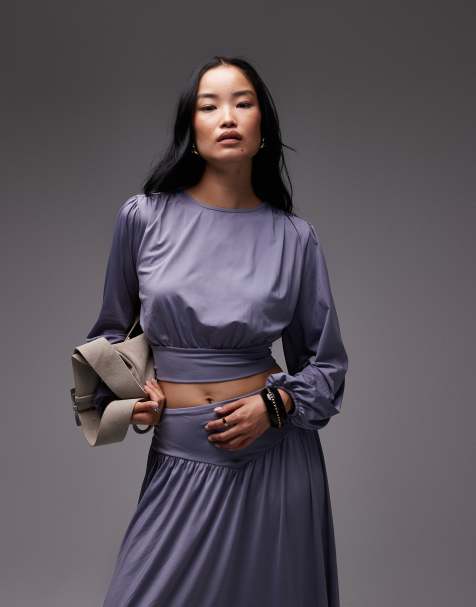 ASOS DESIGN co-ord slinky drape balloon sleeve top with tie back detail in grey