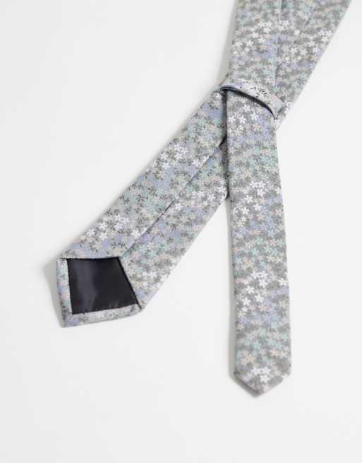 ASOS DESIGN – Szary satynowy krawat w drobny kwiatowy wzór, 3 z 3