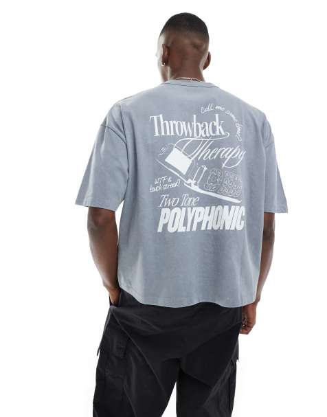 ASOS DESIGN – Szary sprany gruby T-shirt o pudełkowym kroju oversize z nadrukiem - view 1
