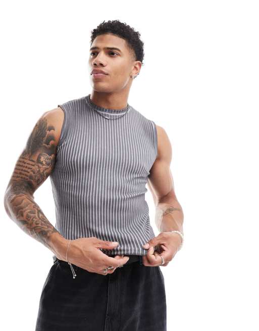 ASOS DESIGN – Szary sprany podkoszulek prążkowany o kroju podkreślającym sylwetkę bez rękawów
