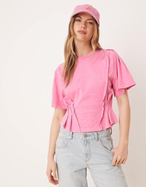 ASOS DESIGN – Szary sprany T-shirt z gorsetową talią, krótkim rękawem i ozdobnymi szwami