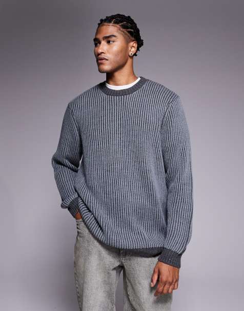 ASOS DESIGN – Szary sweter o luźnym kroju z prążkowanej dzianiny z okrągłym dekoltem - view 1