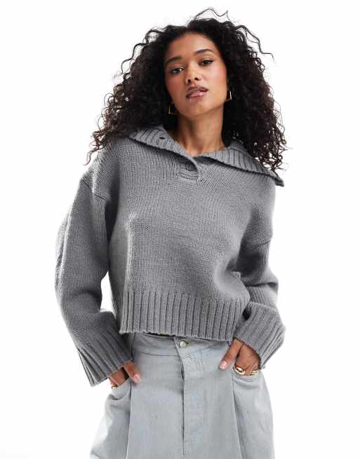 ASOS DESIGN – Szary sweter z kołnierzem z zapięciem na guzik