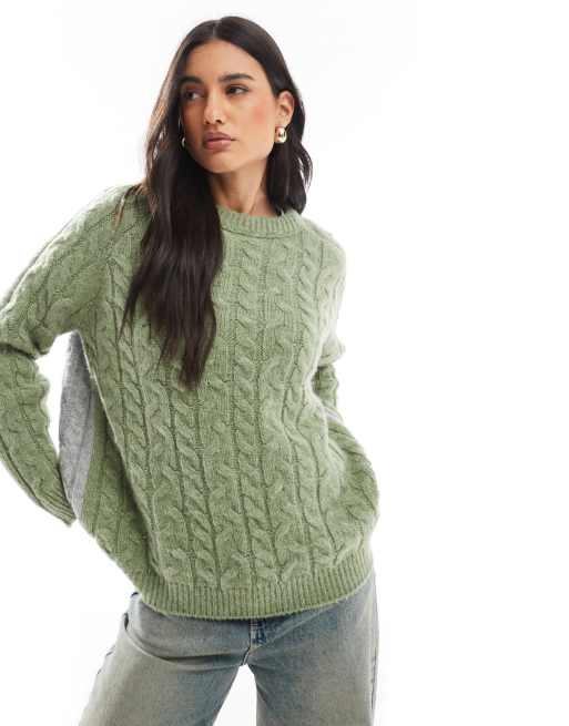 ASOS DESIGN – Szary sweter z okrągłym dekoltem z dzianiny o warkoczowym splocie w bloki kolorów