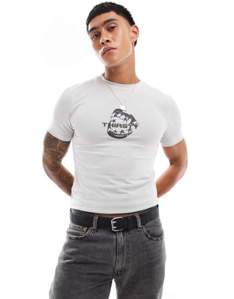 ASOS DESIGN – Szary T-shirt o krótkim fasonie i kroju podkreślającym sylwetkę z nadrukiem na piersi - view 1