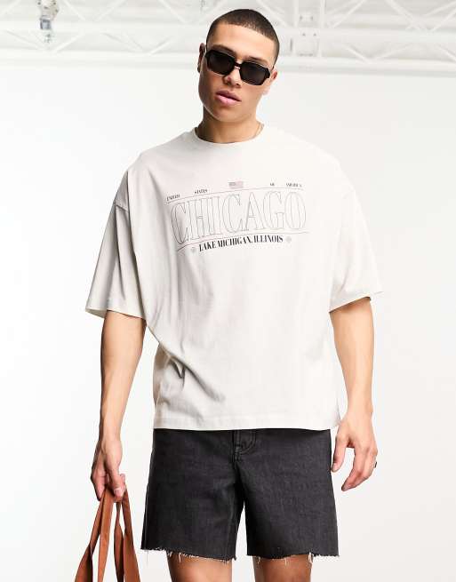 ASOS DESIGN – Szary T-shirt oversize z nadrukiem miasta na piersi