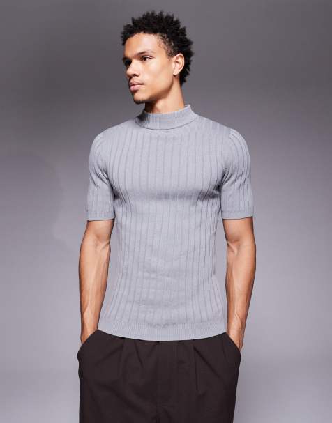 ASOS DESIGN muscle fit knitted rib turtle neck t-shirt in grey