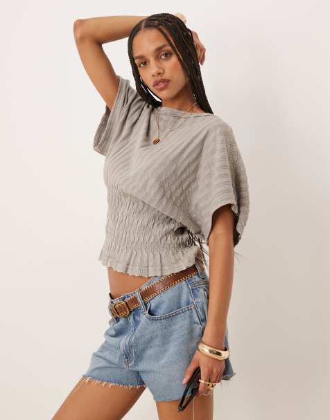 ASOS DESIGN textured rib shirred waist tee in dove grey