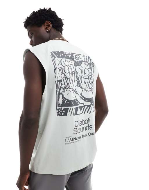 ASOS DESIGN – Szary top bez rękawów oversize z abstrakcyjnym nadrukiem na plecach