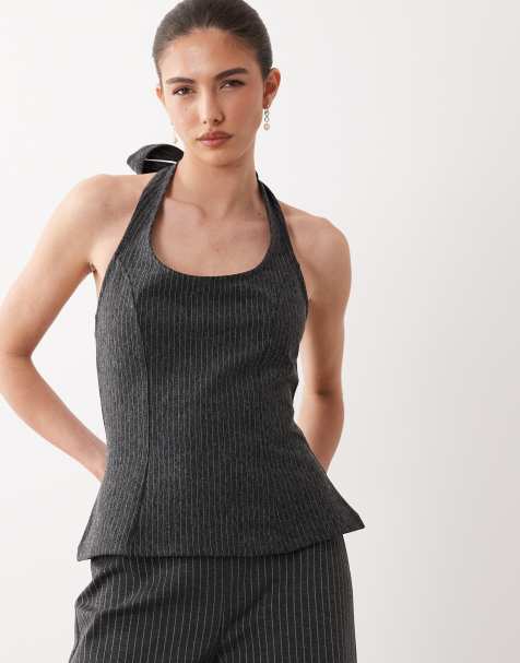 ASOS DESIGN – Szary top w prążki z dekoltem halter, część zestawu - view 1