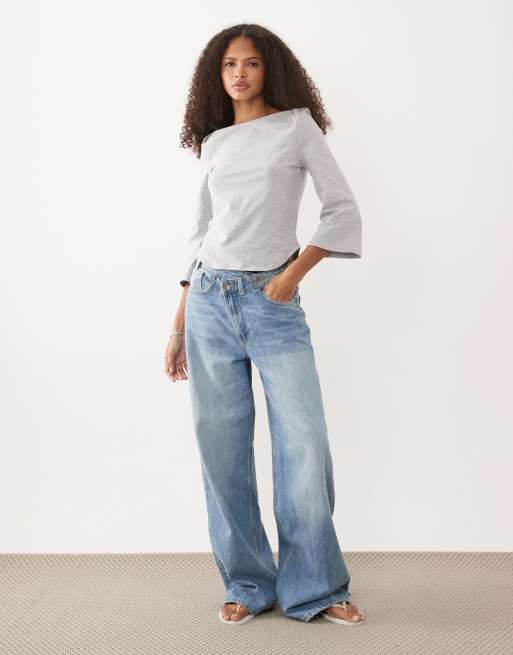 ASOS DESIGN – Szary top z rękawami 3/4 i dekoltem w łódkę, 2 z 4