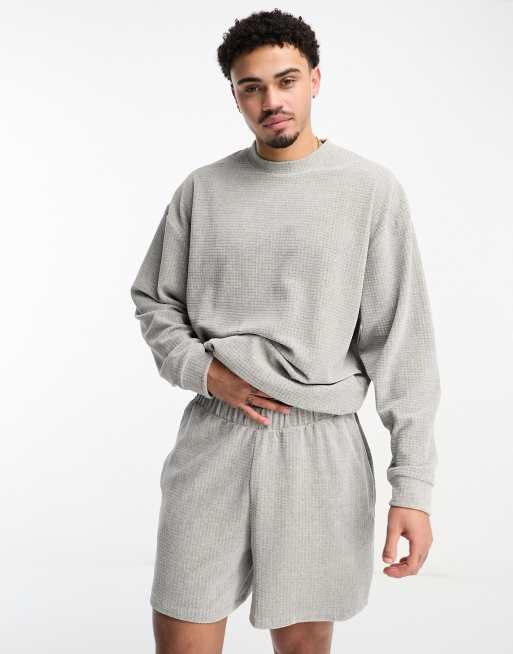 ASOS DESIGN – Szary welurowy zestaw z fakturowanego materiału: top z długimi rękawami i szorty