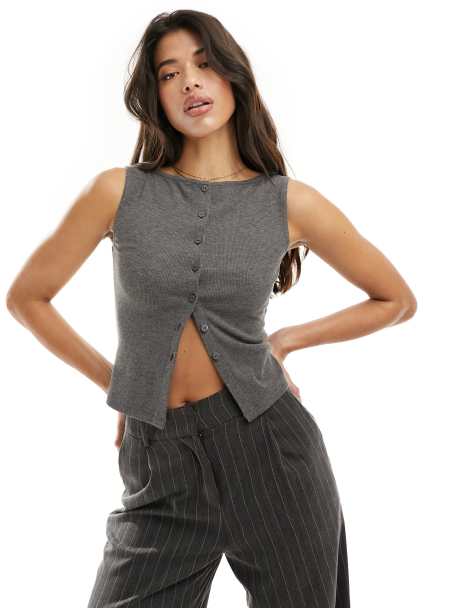 ASOS DESIGN – Szary zapinany na guziki top bez rękawów - view 1