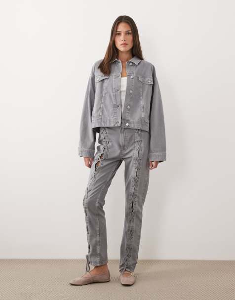 ASOS DESIGN – Szary zestaw ze sznurowaniem w stylu lat 90.: jeansy o prostym kroju i kurtka jeansowa - view 1