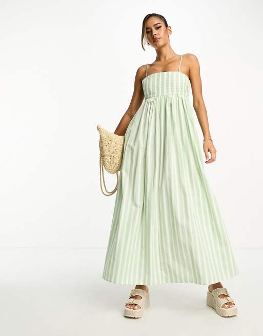 ASOS DESIGN – Szałwiowa bawełniana sukienka letnia midi w stylu babydoll z plisowanym biustem we wzór w paski
