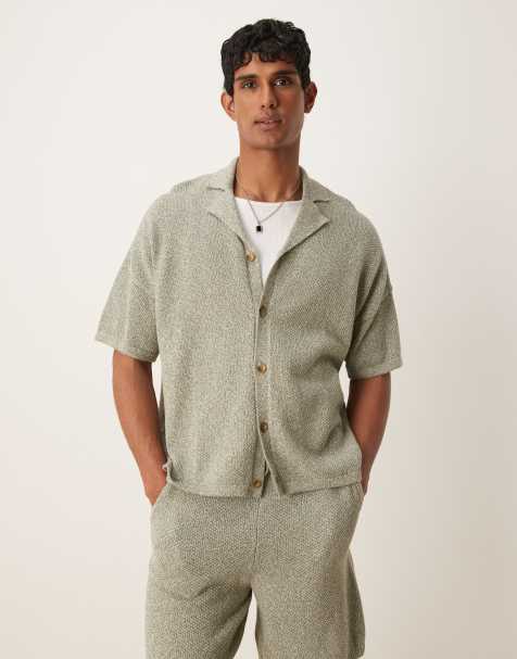 ASOS DESIGN oversized knitted revere button through polo shirt co-ord in sage green