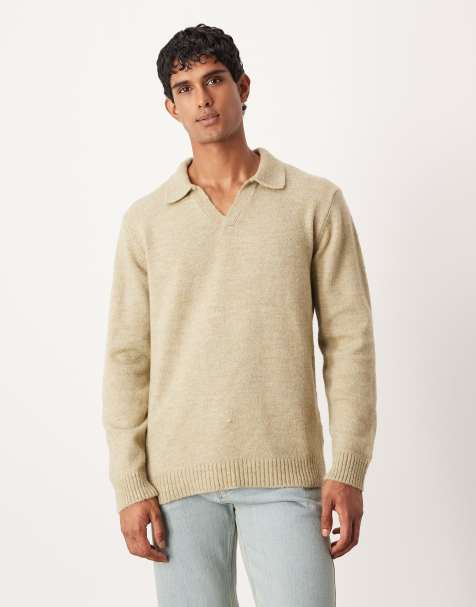 ASOS DESIGN knitted long sleeve notch neck polo in sage green