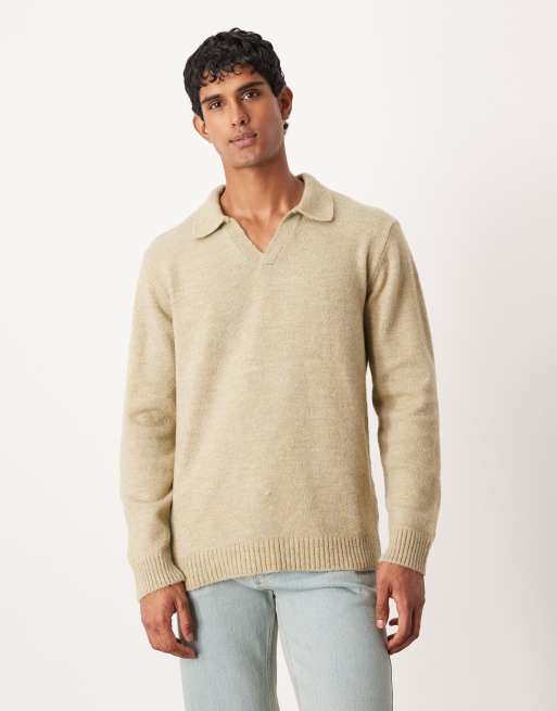 ASOS DESIGN – Szałwiowa dzianinowa koszulka polo z rozcięciem na dekolcie i długimi rękawami