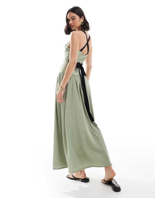 ASOS DESIGN – Szałwiowa fakturowana sukienka skater midi z obniżoną talią