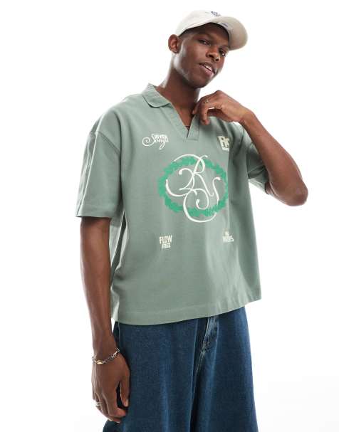 ASOS DESIGN boxy oversized pique polo with front print in sage