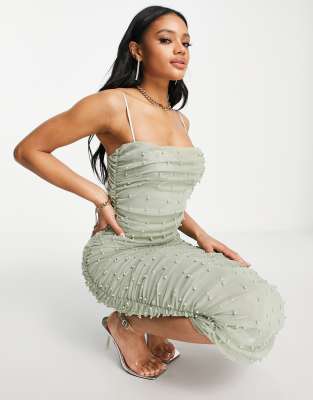 ASOS DESIGN – Szałwiowa marszczona sukienka midi typu bodycon z siateczki w perełki