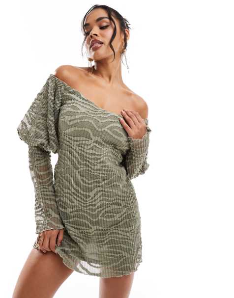 ASOS DESIGN – Szałwiowa plisowana sukienka koronkowa mini z dekoltem bardot i bufkami - view 1