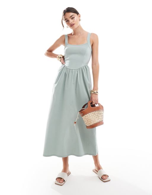 ASOS DESIGN – Szałwiowa sukienka midi z kwadratowym dekoltem i pełną spódnicą w stylu lat 90. z bengaliny