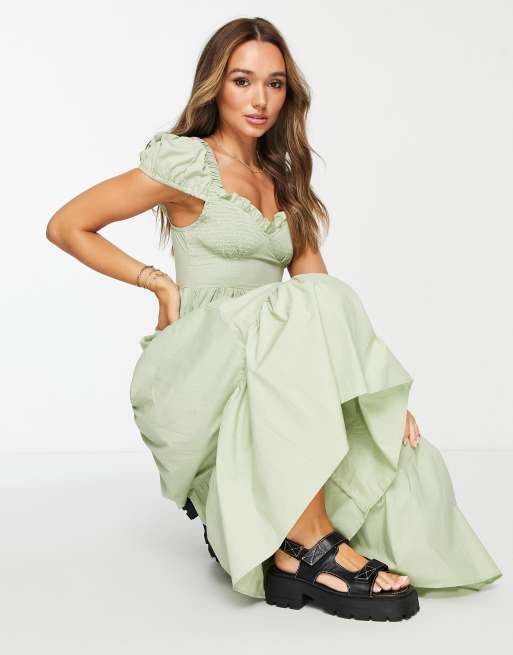ASOS DESIGN – Szałwiowa sukienka midi z marszczeniem na biuście i warstwową spódnicą