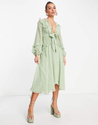 ASOS DESIGN – Szałwiowa wiązana w talii sukienka midi z zakładkami z żakardowej satyny