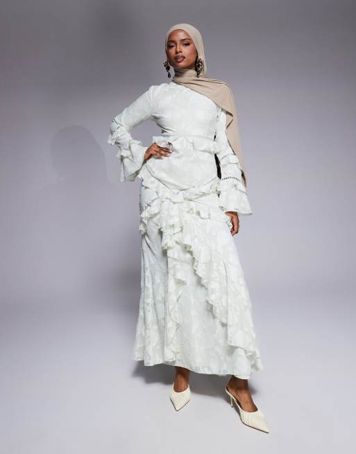 ASOS DESIGN – Szałwiowa żakardowa sukienka maxi z falbankami i długimi rękawami