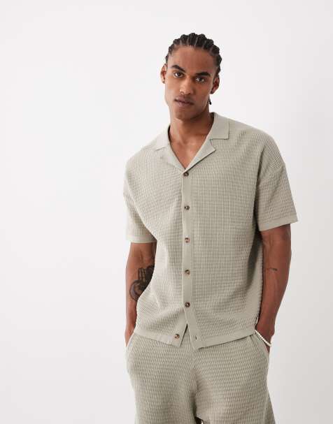 ASOS DESIGN – Szałwiowozielona dzianinowa koszulka polo o luźnym kroju z kołnierzykiem kubańskim, część zestawu - view 1