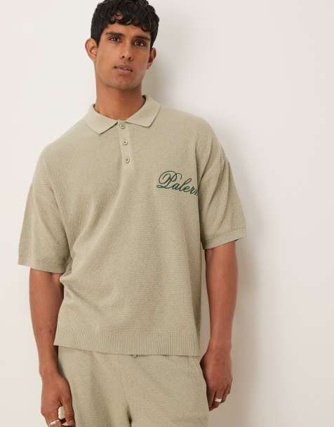 ASOS DESIGN relaxed knitted polo with Palermo embroidery co-ord in sage green