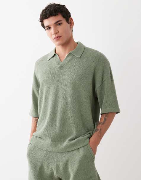 ASOS DESIGN – Szałwiowozielona koszulka polo oversize z dzianiny boucle z krótkimi rękawami i wycięciem w dekolcie, część zestawu - view 1