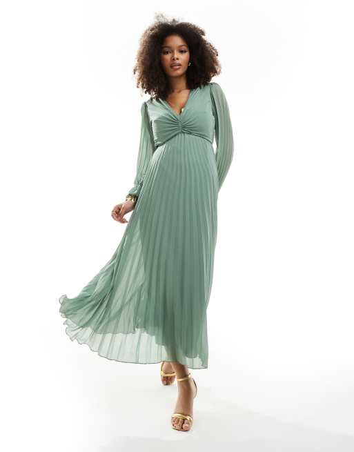 ASOS DESIGN – Szałwiowozielona plisowana sukienka midi z głębokim dekoltem
