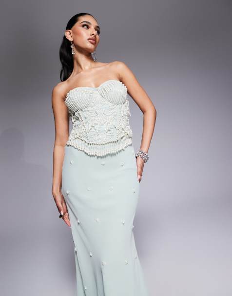 ASOS DESIGN bias midi bandeau dress with pearl beading in sage green