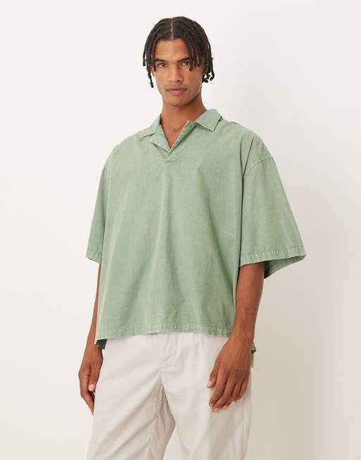 ASOS DESIGN – Szałwiowozielona zakładana przez głowę koszula popelinowa o pudełkowym kroju i fasonie oversize z kołnierzykiem kubańskim