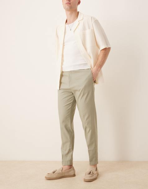 ASOS DESIGN smart tapered fit linen blend trousers in sage green with turnups