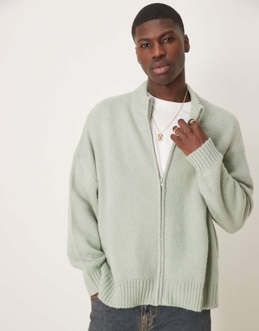 ASOS DESIGN – Szałwiowozielony kardigan o pudełkowym fasonie super oversize ze szczotkowanej dzianiny zapinany na zamek