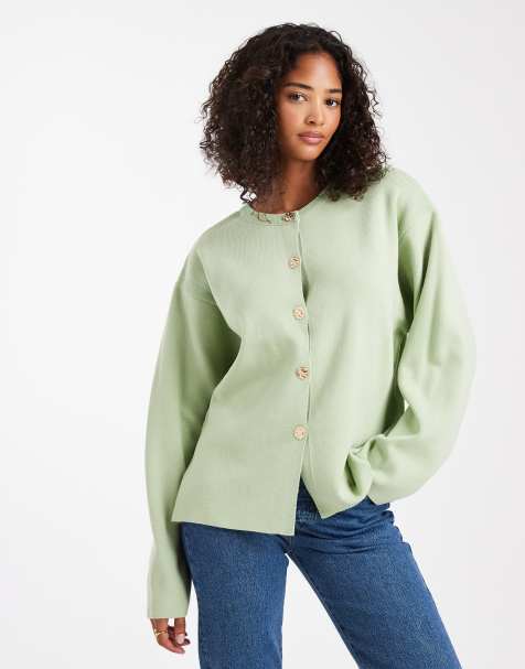ASOS DESIGN knitted structured crew neck cardigan with gold buttons in sage green