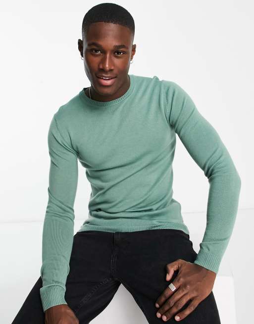 ASOS DESIGN – Szałwiowozielony sweter o kroju podkreślającym sylwetkę z wełny merino premium
