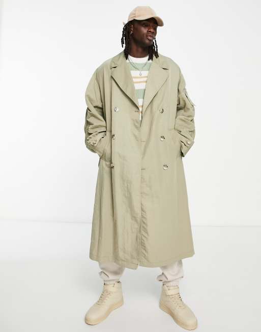 ASOS DESIGN – Szałwiowy nylonowy trencz o skrajnym fasonie oversize z kieszeniami MA1 i ozdobnym marszczeniem