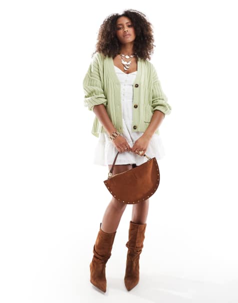 ASOS DESIGN boxy longline cardigan in rib in sage
