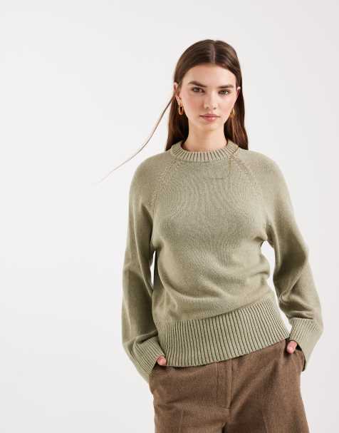 ASOS DESIGN knitted crew neck jumper with raglan sleeve in sage green
